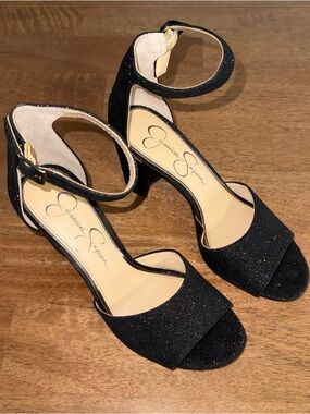 Jessica Simpson Black Glitter Block Heel Sandals Ankle Strap Size 6